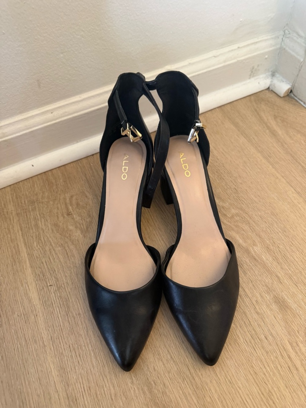 Aldo Black Pointed-Toe Ankle Strap Heels with Gold Buckles